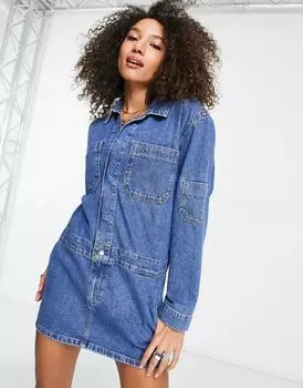 Синее укороченное джинсовое платье карго ASOS