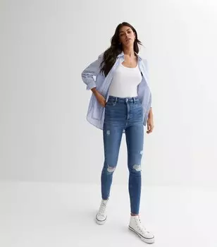 Синие рваные джинсы суперскинни с завышенной талией до колена Hallie New Look, синий