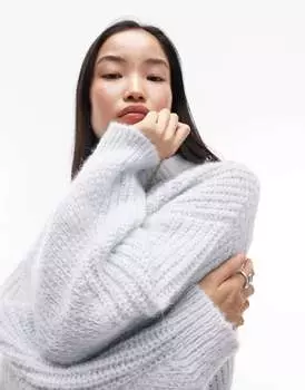 Синий вязаный пушистый длинный джемпер с косой строчкой Topshop