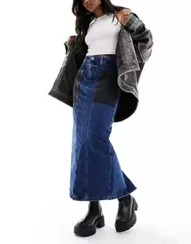 Синяя джинсовая юбка макси в стиле пэчворк River Island