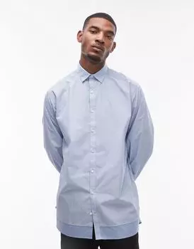 Синяя рубашка оверсайз в полоску с двойным подолом и длинными рукавами Topman