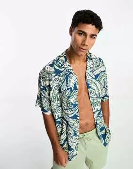 Синяя рубашка с принтом в виде листьев Pull&Bear