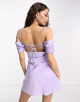 Сиреневое атласное платье мини с открытыми плечами Forever New Petite