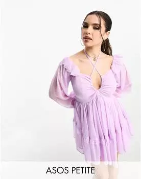 Сиреневое платье мини с открытыми плечами и завязками на шее ASOS DESIGN Petite ASOS Petite