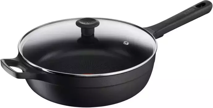 Сковорода для тушения Tefal "Траттория Про", литой алюминий, прочная, с антипригарным покрытием, индикатор температуры, 28 см, индукция 28 см + высота 12,4 см, черный
