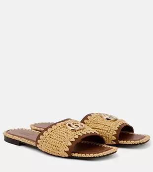 Сланцы Double G из кожи и рафии Gucci, Bright Nat/Sundia
