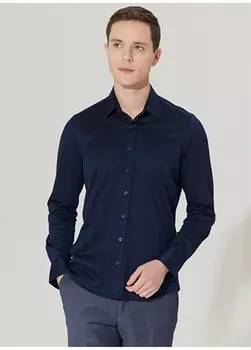 Slim Fit Темно-синяя мужская рубашка с воротником на пуговицах Altnyldz Classic