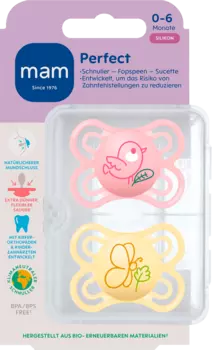 Соска Perfect силиконовая розовая/желтая 0-6 месяцев 2 шт. MAM