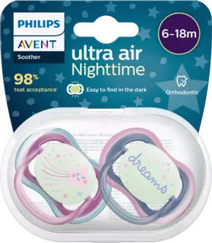 Соска ultra air Night розовая/серая 6-18 месяцев 2 шт. Philips