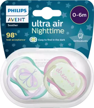 Соска ultra air Night зеленая/розовая 0-6 месяцев 2 шт. Philips