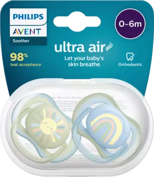 Соска Ultra Air силиконовая синяя/зеленая 0-6 месяцев 2 шт. Philips