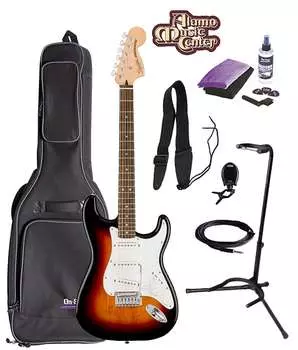 Squier Affinity Series Stratocaster, накладка на гриф Laurel, 3-цветный комплект Sunburst с сумкой для концерта Affinity Series Stratocaster, Laurel Fingerboard, Bundle w/ Gig Bag