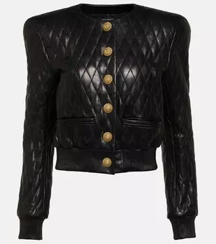 Стеганая кожаная куртка Balmain, черный