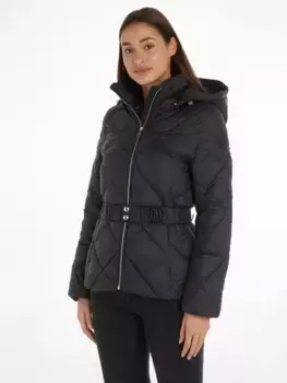 Стеганая куртка Tommy Hilfiger "ELEVATED BELTED QUILTED JACKET", с капюшоном, с вышивкой логотипа, черный