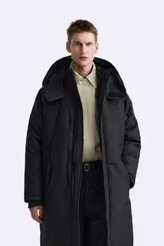 Стеганая парка со съемным капюшоном ZARA, угольно-серый
