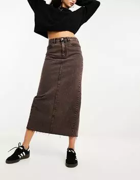 Stradivarius – Коричневая джинсовая юбка миди стрейч