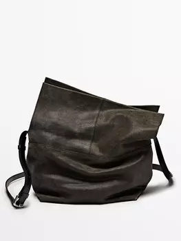Сумка-Клапан из состаренной кожи наппа Massimo Dutti, черный
