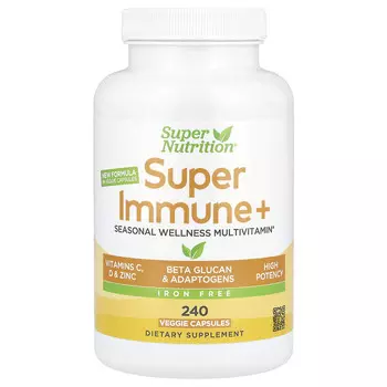 Super Nutrition, Super Immune+, мультивитамины, без железа, 240 растительных капсул