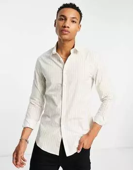 Светло-коричневая рубашка узкого кроя в полоску ASOS DESIGN