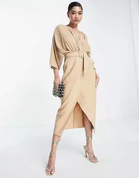 Светло-коричневое платье миди с поясом ASOS DESIGN