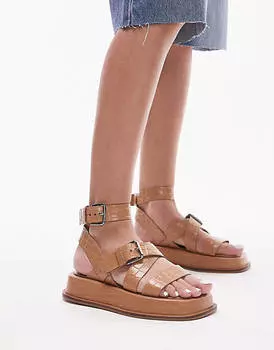 Светло-коричневые кожаные массивные сандалии на плоской подошве с пряжкой Topshop Jax