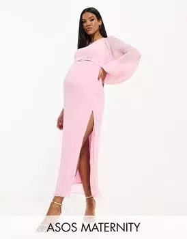 Светло-розовое плиссированное платье миди на одно плечо с поясом ASOS DESIGN Maternity