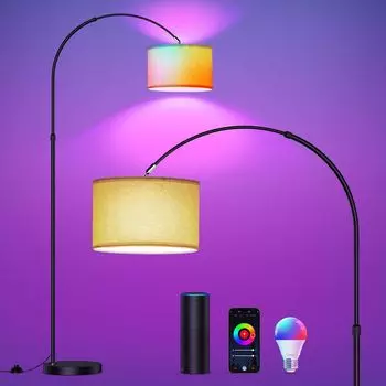 Светодиодная дуговая лампа RGB с тканевым абажуром 165-180 см, регулируемая по высоте E27, интеллектуальный торшер для гостиной, спальни, с Alexa и Google Home Anten