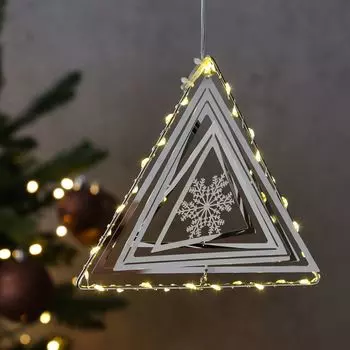 Светодиодный треугольник со снежинкой - 3D декоративная подвеска - 30 светодиодов теплого белого цвета - Высота: 16,5 см - таймер - серебристый MARELIDA, черный