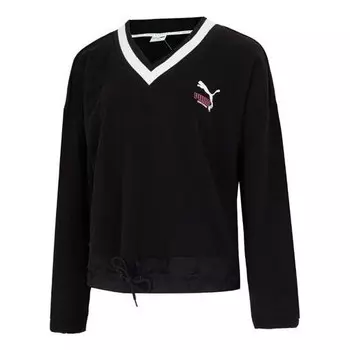Свитер logo v neck sweatshirt 'black' Puma, черный