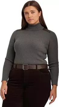 Свитер Plus Size Faux Leather Trim Ribbed Turtleneck LAUREN Ralph Lauren, цвет Modern Grey Heather