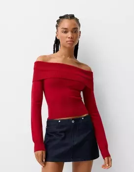 Свитер с вырезом «бардо» Bershka, красный