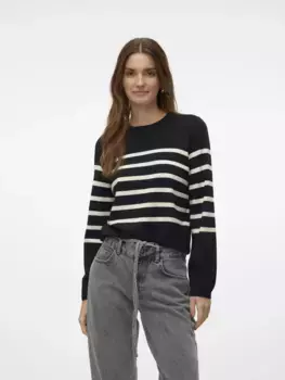 Свитер Vero Moda с круглым вырезом "VMSABA PLAIN LS O-NECK PULLOVER GA NOOS", цвет Black Stripes:Birch