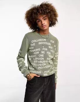 Свитшот Collusion Acid Wash Text, зеленый
