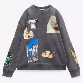 Свитшот Zara Printed, антрацитово-серый