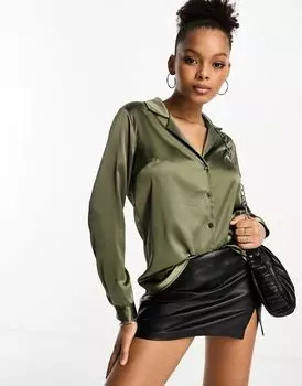 Свободная атласная рубашка цвета хаки с длинными рукавами ASOS DESIGN