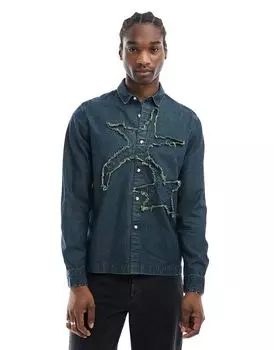 Свободная джинсовая рубашка с потертой звездой ASOS DESIGN синего цвета