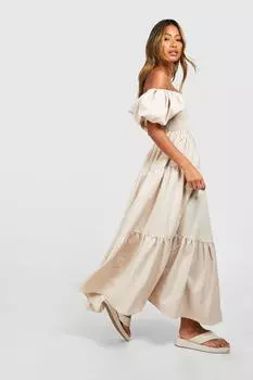 Свободное платье Midaxi с ярусной присборкой boohoo, бежевый