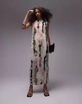 Свободное жатое платье миди без рукавов с абстрактным принтом Topshop