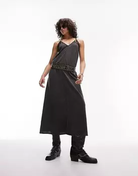Темно-серое платье миди с бретелями и бретелями Topshop