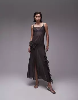 Темно-серое прозрачное платье макси с оборками Topshop