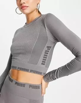 Темно-серый бесшовный укороченный топ с длинными рукавами Puma Evoknit