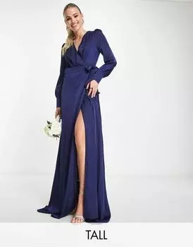 Темно-синее атласное платье макси с длинными рукавами TFNC Bridesmaid