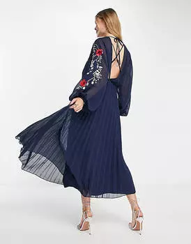Темно-синее плиссированное платье миди с открытой спиной и вышивкой ASOS DESIGN