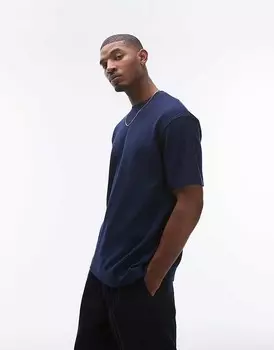 Темно-синяя футболка оверсайз с вафельным рисунком Topman