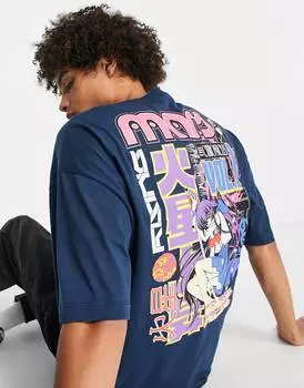 Темно-синяя оверсайз-футболка с аниме-принтом на спине ASOS DESIGN