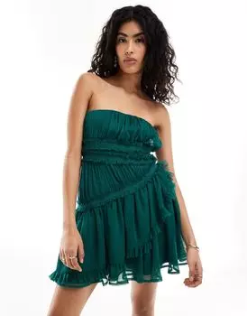 Темно-зеленое платье мини-бандо с асимметричными рюшами ASOS DESIGN