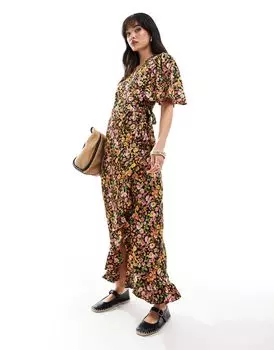 Темное платье макси с запахом спереди Vero Moda с цветочным принтом
