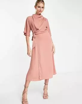 Терракотовое платье миди с хомутом и юбкой с запахом ASOS DESIGN