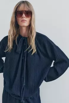 Текстурный топ с завязкой ZARA, синий/зеленый
