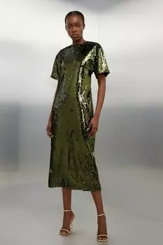 Тканое платье миди с высоким пайетками Karen Millen, хаки